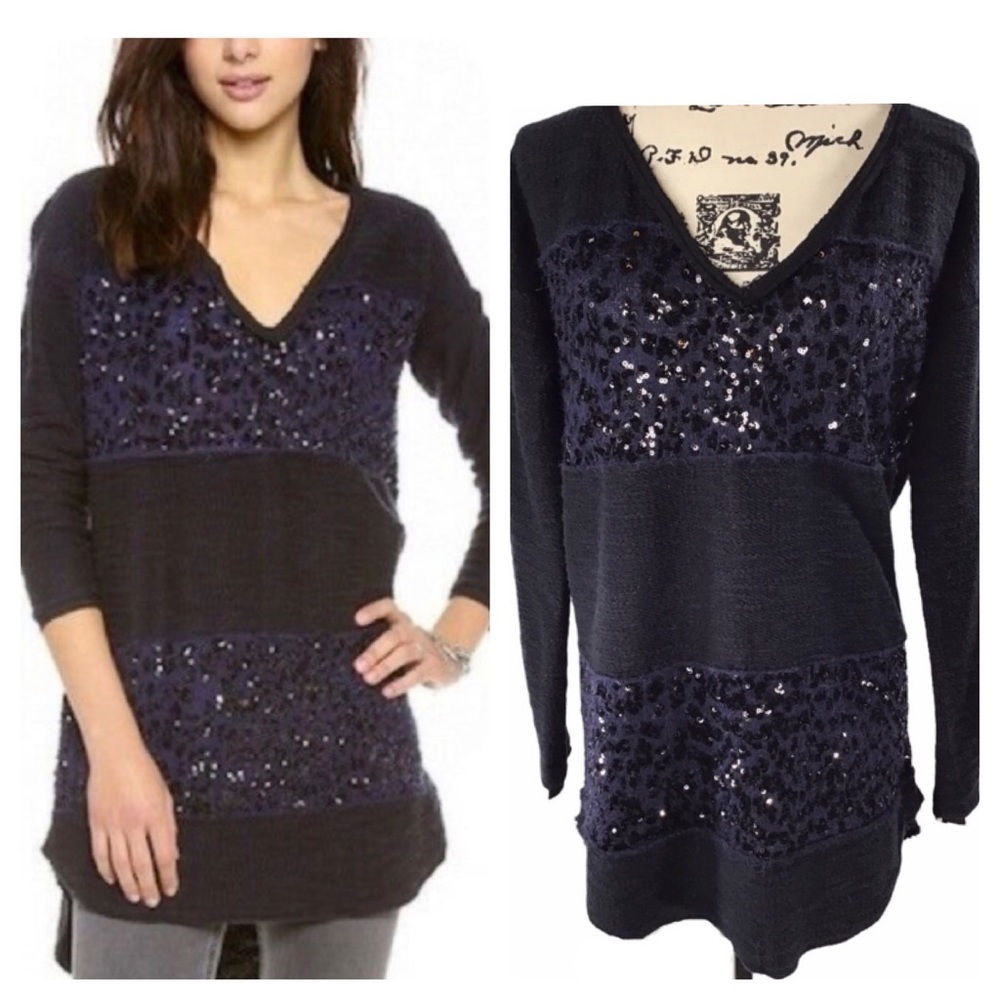 Free People - Alpaca/Wool Sequin Sweater in Deep Navy & Black Size Medium